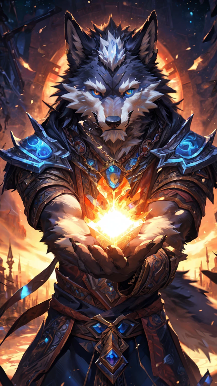 4K, ,8K, high resolution, best quality, Perfect color, Perfect shadow, Perfect lighting, Posted on e621 (Chunie Art Style), there is a man of a Wolf dressed in costumes and holding a arms, arms, Furry Art!!!, pov Furry Art, Detailed fan art, Official Fanart, high quality fanart, World of Warcraft同人画, fursona Furry Art commission, very very beautiful Furry Art, Furry Paws POV Art, Furry Fantasy Art, Furry Art, Furry anime, high resolution佣金, fursona art, Anime Characters, Epic anime style, Anime Wallpaper, Detailed key animation art, Strong, Full body portrait, panoramic, (Realistic eye details: 1:2), High Detail, high quality, The award-winning, HD, 16K, (best quality,4K,8K,high resolution,masterpiece:1.2),Extremely detailed,Practical:1.37,HDR,UHD,Studio Lighting,Extremely detailed的描述,professional,Bright colors,Bokeh,Active atmosphere, Natural Lighting，Reference Blizzard Games《World of Warcraft》Genn Greymane