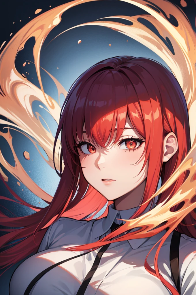 Portrait, masterpiece, best quality, (extremely detailed CG unity 8k wallpaper, masterpiece, best quality, ultra-detailed, best shadow), (detailed background), (beautiful detailed face, beautiful detailed eyes), High contrast, (best illumination, an extremely delicate and beautiful),1girl,((colourful paint splashes on transparent background, dulux,)), ((caustic)), dynamic angle,beautiful detailed glow,full body, blood splash on face. close up of a woman, anime girl with red hair and a white shirt and tie, a character portrait by Yang J, pixiv, shin hanga, portrait of an anime girl, female anime character, portrait anime girl, portrait of asuka langley soryu, beautiful anime portrait, detailed portrait of anime girl, anime character, realistic anime artstyle, anime girl portrait, anime character portrait, bangs