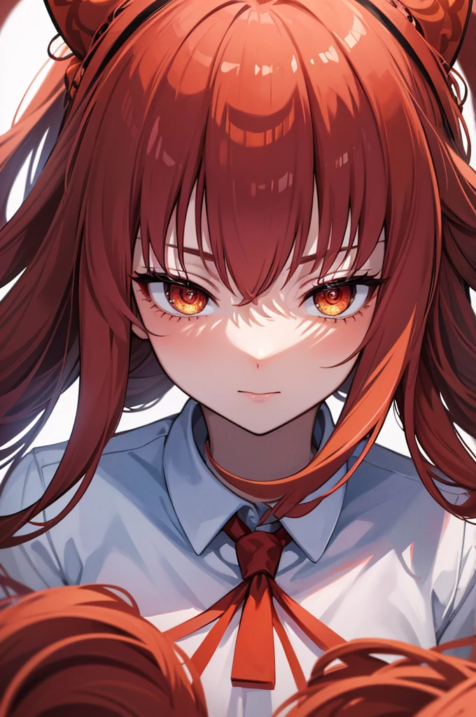 Portrait, masterpiece, best quality, (extremely detailed CG unity 8k wallpaper, masterpiece, best quality, ultra-detailed, best shadow), (detailed background), (beautiful detailed face, beautiful detailed eyes), High contrast, (best illumination, an extremely delicate and beautiful),1girl,((colourful paint splashes on transparent background, dulux,)), ((caustic)), dynamic angle,beautiful detailed glow,full body, blood splash on face. close up of a woman, anime girl with red hair and a white shirt and tie, a character portrait by Yang J, pixiv, shin hanga, portrait of an anime girl, female anime character, portrait anime girl, portrait of asuka langley soryu, beautiful anime portrait, detailed portrait of anime girl, anime character, realistic anime artstyle, anime girl portrait, anime character portrait, bangs