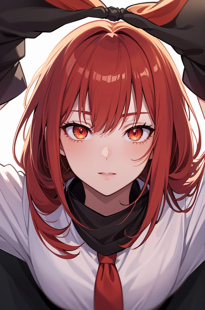 Portrait, masterpiece, best quality, (extremely detailed CG unity 8k wallpaper, masterpiece, best quality, ultra-detailed, best shadow), (detailed background), (beautiful detailed face, beautiful detailed eyes), High contrast, (best illumination, an extremely delicate and beautiful),1girl,((colourful paint splashes on transparent background, dulux,)), ((caustic)), dynamic angle,beautiful detailed glow,full body, blood splash on face. close up of a woman, anime girl with red hair and a white shirt and tie, a character portrait by Yang J, pixiv, shin hanga, portrait of an anime girl, female anime character, portrait anime girl, portrait of asuka langley soryu, beautiful anime portrait, detailed portrait of anime girl, anime character, realistic anime artstyle, anime girl portrait, anime character portrait, bangs