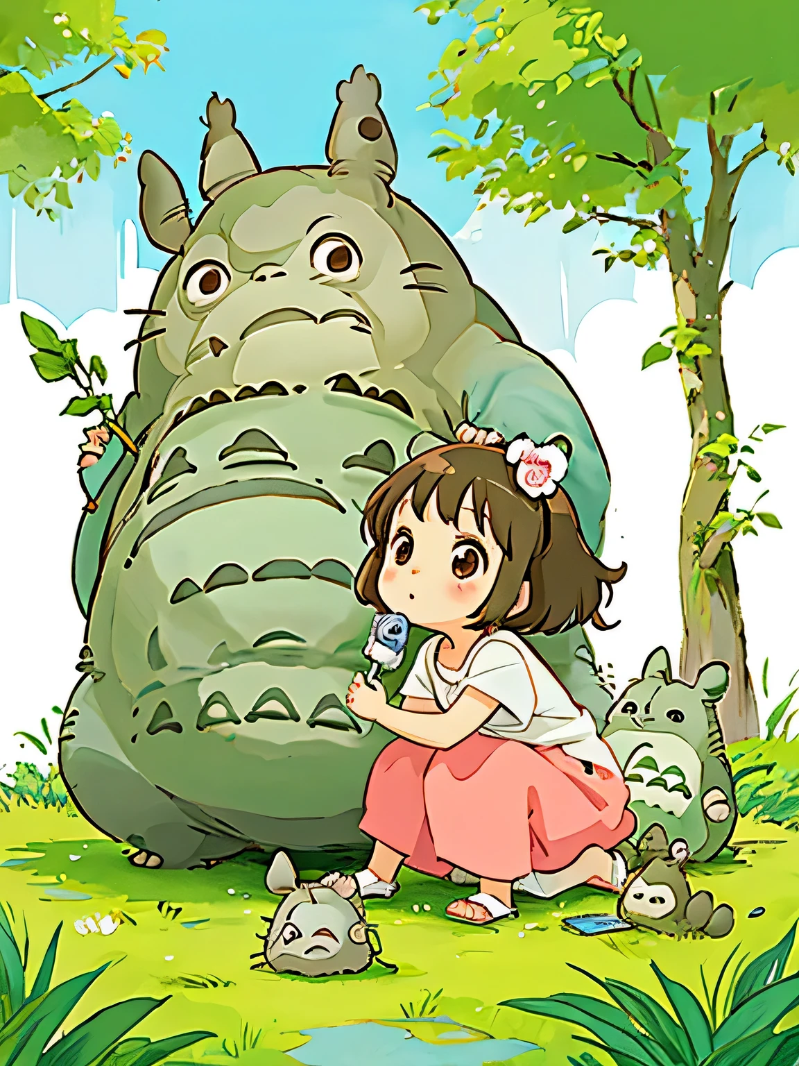 Hayao Miyazaki style、Kawaii Design, ((most beautiful girl ever))、Chibi, (((playing with TOTORO)))、totoro