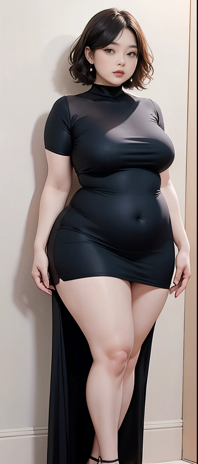 Chubby woman with chubby belly and tight thighs, full body, 50-year-old mature woman, thick hips, thick neck, thick chest, big eyes, wearing a longest dress, wavy medium short hair, Height 170 cm , full body