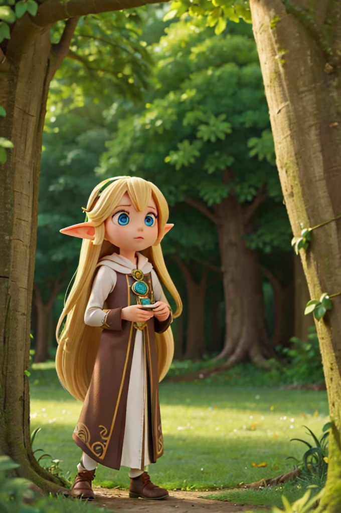a  a with long hair blonde and big eyes shiny and elf ears, next here a fairy, they was in the magic forest
