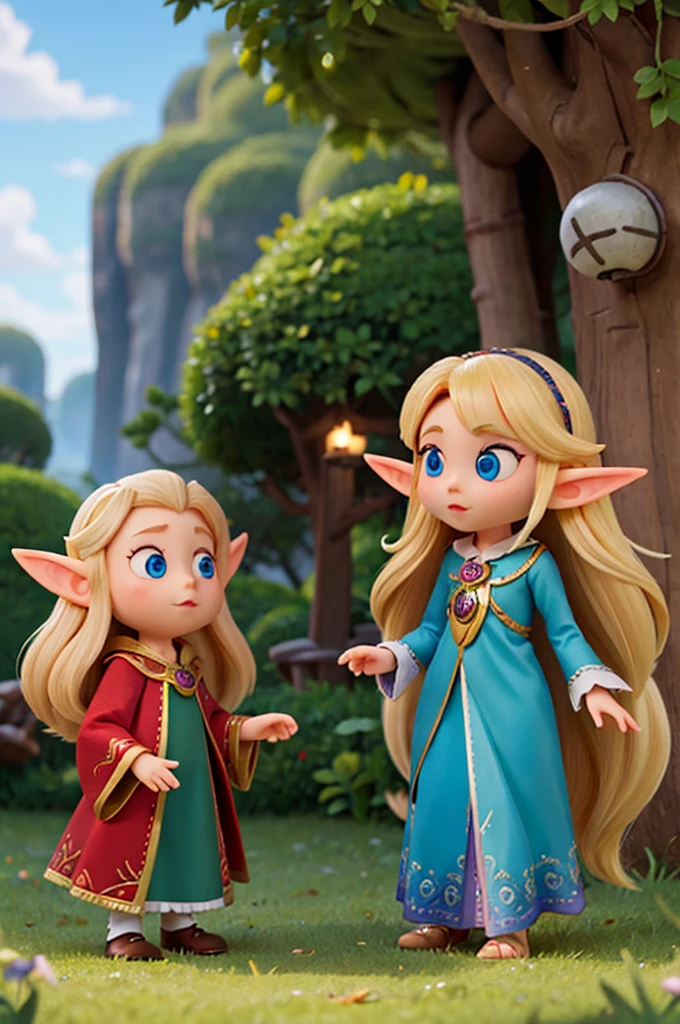 a a with long hair blonde and big eyes shiny and elf ears, next here a fairy, they was in the magic forest