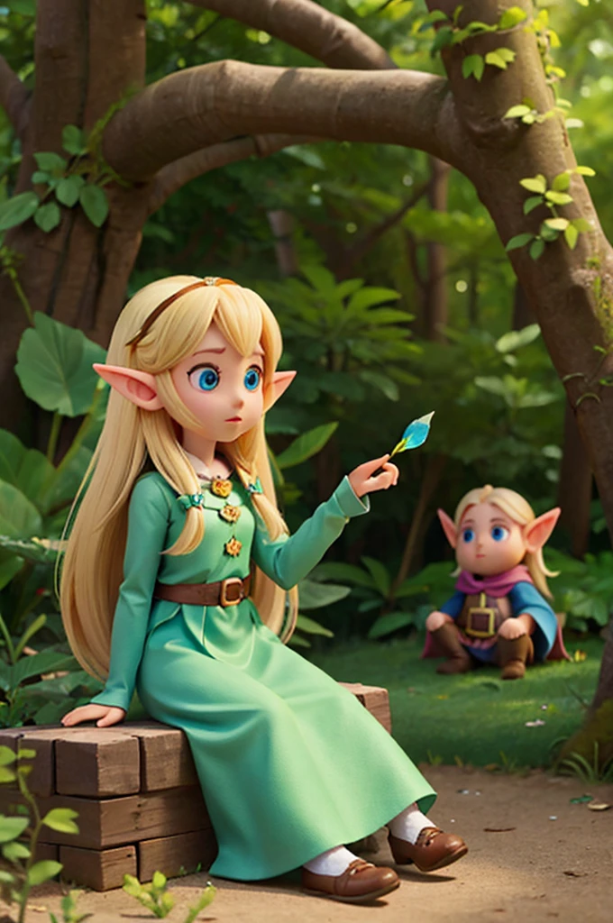 a a with long hair blonde and big eyes shiny and elf ears, next here a fairy, they was in the magic forest