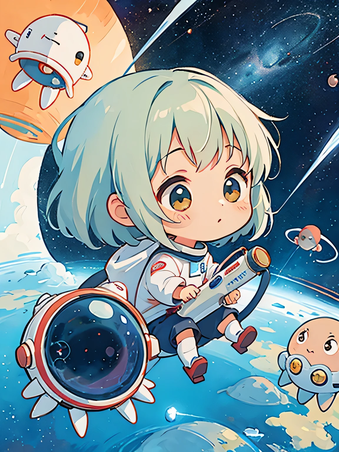 Hayao Miyazaki style、Kawaii Design, most beautiful girl ever、Chibi, (((Space Explorers)))、Spaceship, Ray firing
