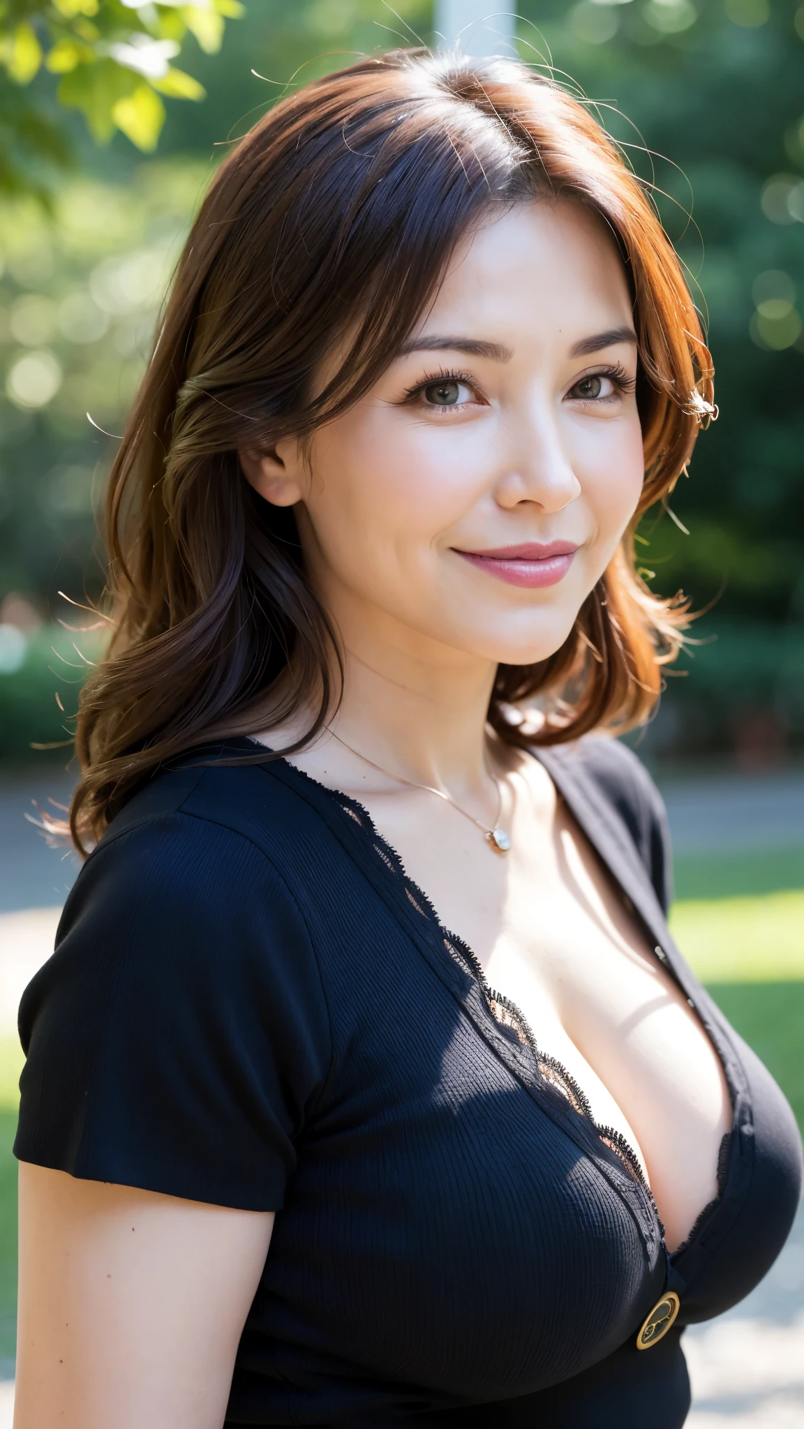 Best quality, 8K, masseter, realistic, sharp focus, high quality, high resolution, detailed face, detailed eyes, thick lips, background blur, solo, middle-aged woman, 55 years old, wavy hair, cleavage , Afternoon in the park in front of the garden, wrinkles around the eyes, toothy smile, cowboy shot, big breasts, big breasts, H cup