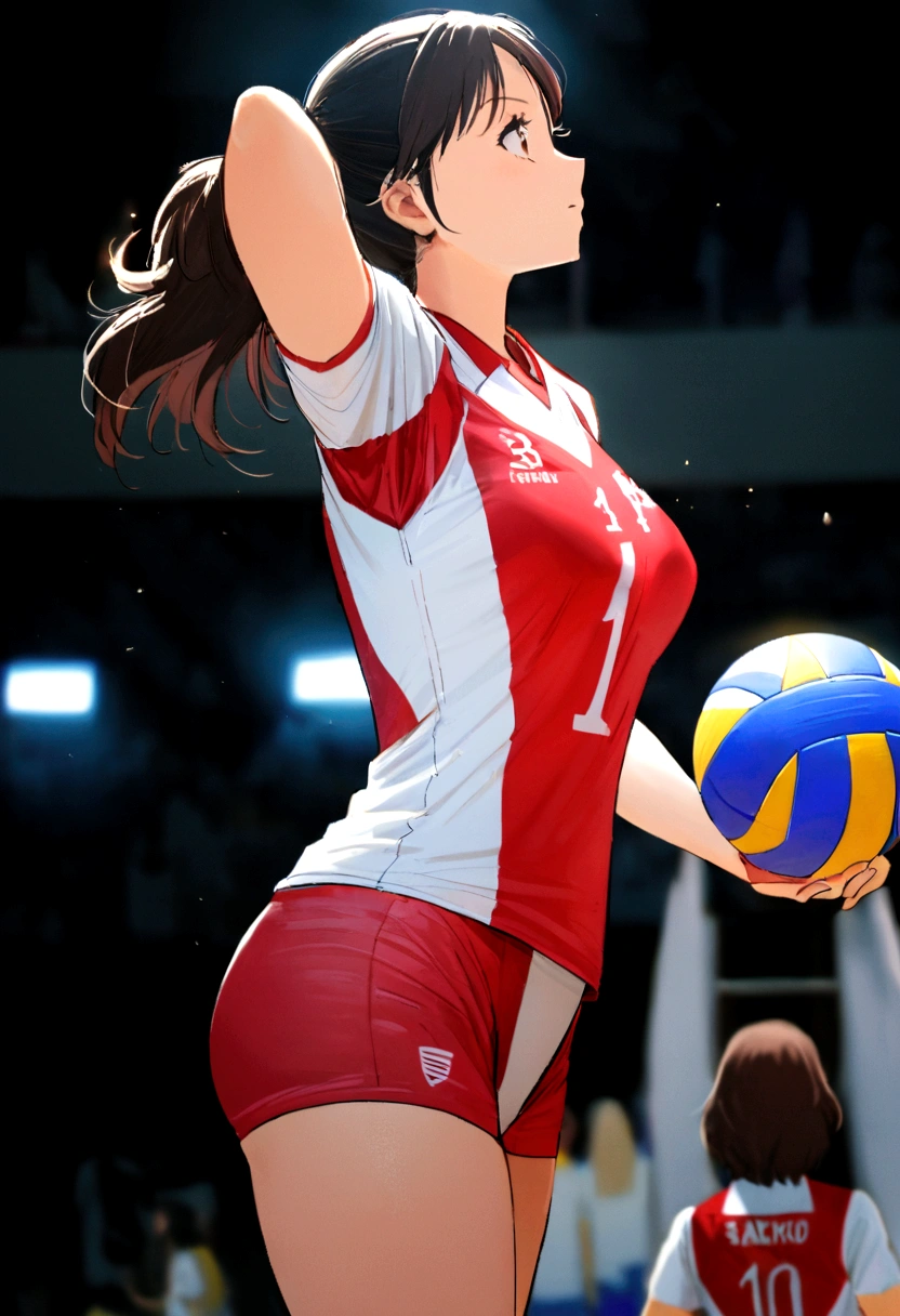 araffe woman in red and white uniform holding a volleyball ball, wearing a volleyball jersey, volleyball, Buckshot, female beach volley player, Wearing a leotard, Nishimiya Shoko, Close-up shot of half body, Service Organizations, Low angle shot from behind, Close-up body shot, chiho ashima