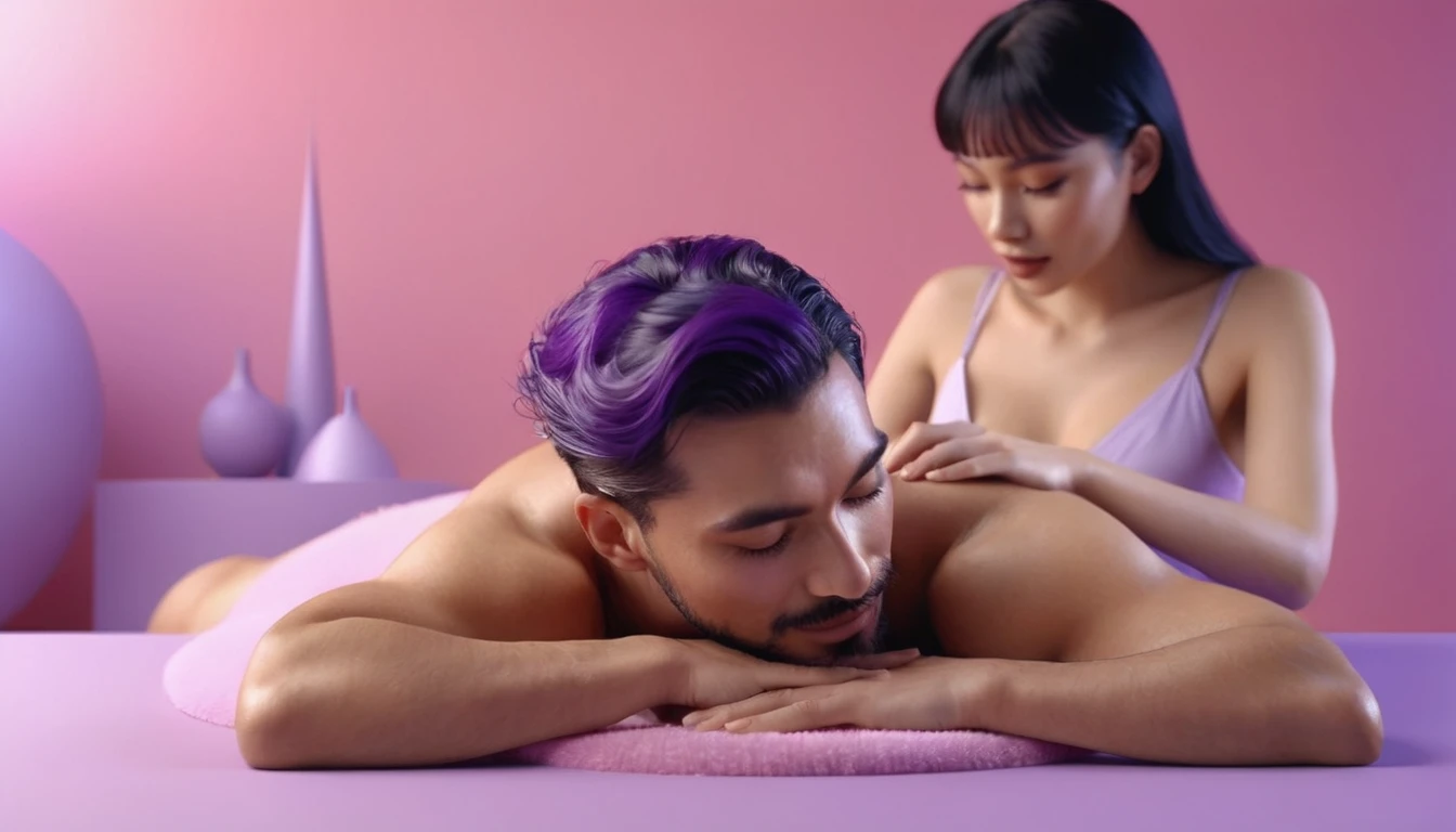 man doing erotic massage to woman, she holds smartphone in her hand, sensually, womans mouth wide open. massage table, liquid drops, skin, we can see their faces close, minimalistic, in a light purple and pink style, with soft edges and blurred details, with a 3D render, on a colorful background, with a minimalist stage design, in a surreal style, with a cinema4D rendering, with a minimalist style, with low saturation, using gradient colors, with a cinema4D rendering, with a blender rendering, with super detail, at a super high resolution, at a super high definition