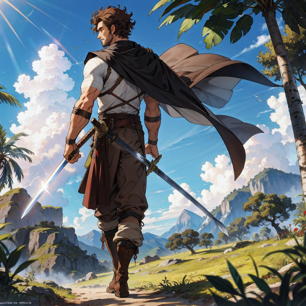 back view brown curly hair boy with medieval farmer outfit, walking in the tropical mountain with sword