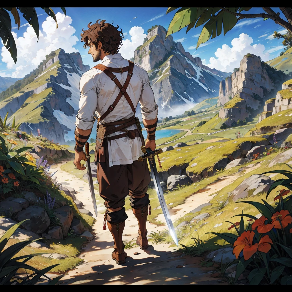 back view brown curly hair boy with medieval farmer outfit, walking in the tropical mountain with sword