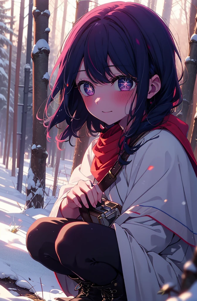 aihoshino, Ai Hoshino, Long Hair, bangs, (Purple eyes:1.1), Purple Hair, (Symbol-shaped pupil:1.5), smile,,smile,blush,White Breath,
Open your mouth,snow,Ground bonfire, Outdoor, boots, snowing, From the side, wood, suitcase, Cape, Blurred, , forest, White handbag, nature,  Squat, Mouth closed, Cape, winter, Written boundary depth, Black shoes, red Cape break looking at viewer, Upper Body, whole body, break Outdoor, forest, nature, break (masterpiece:1.2), Highest quality, High resolution, unity 8k wallpaper, (shape:0.8), (Beautiful and beautiful eyes:1.6), Highly detailed face, Perfect lighting, Highly detailed CG, (Perfect hands, Perfect Anatomy),