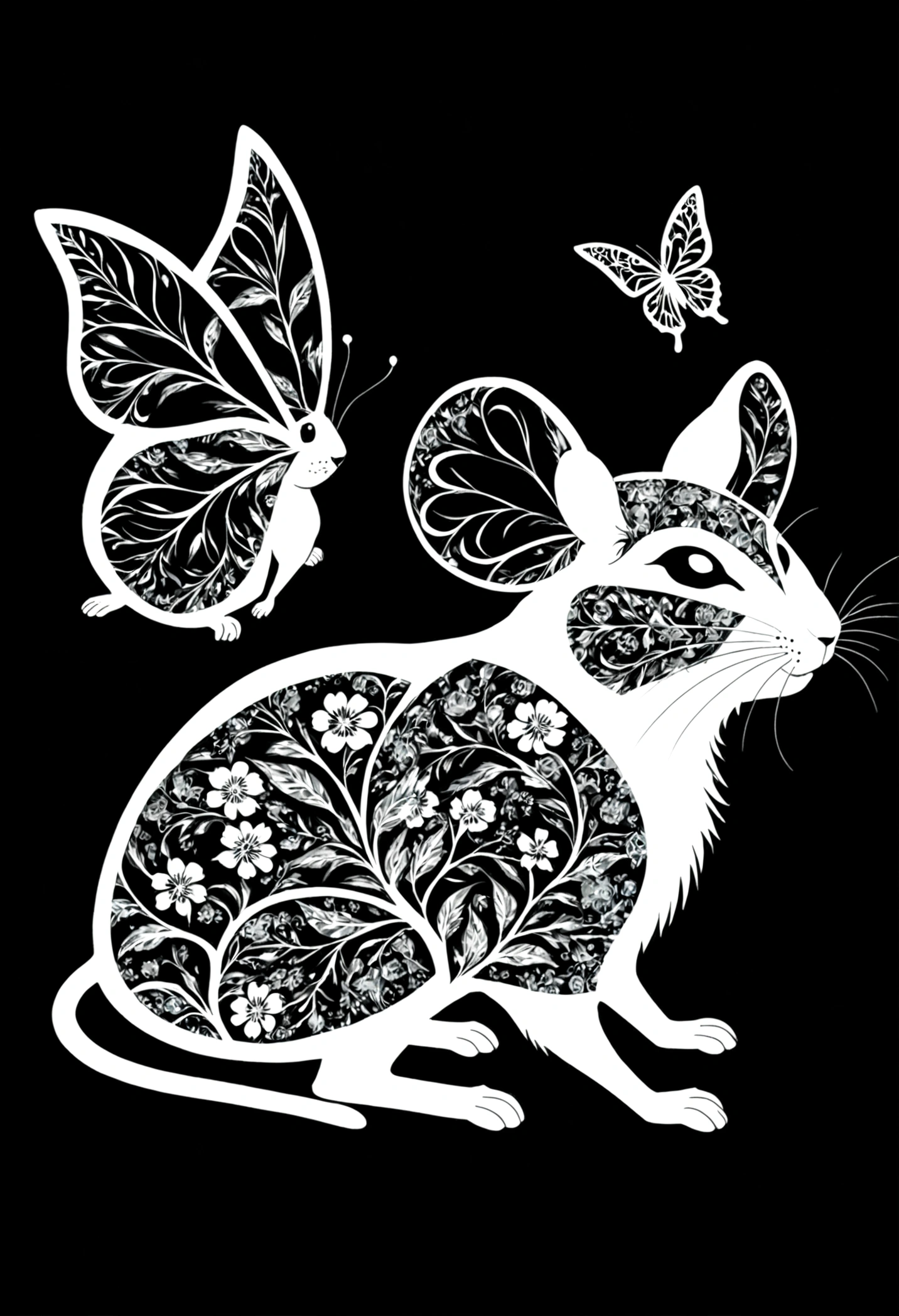 A white silhouette design of a mouse and a butterfly,Black Background,Beautiful silhouette,looking at the camera,Biologically correct