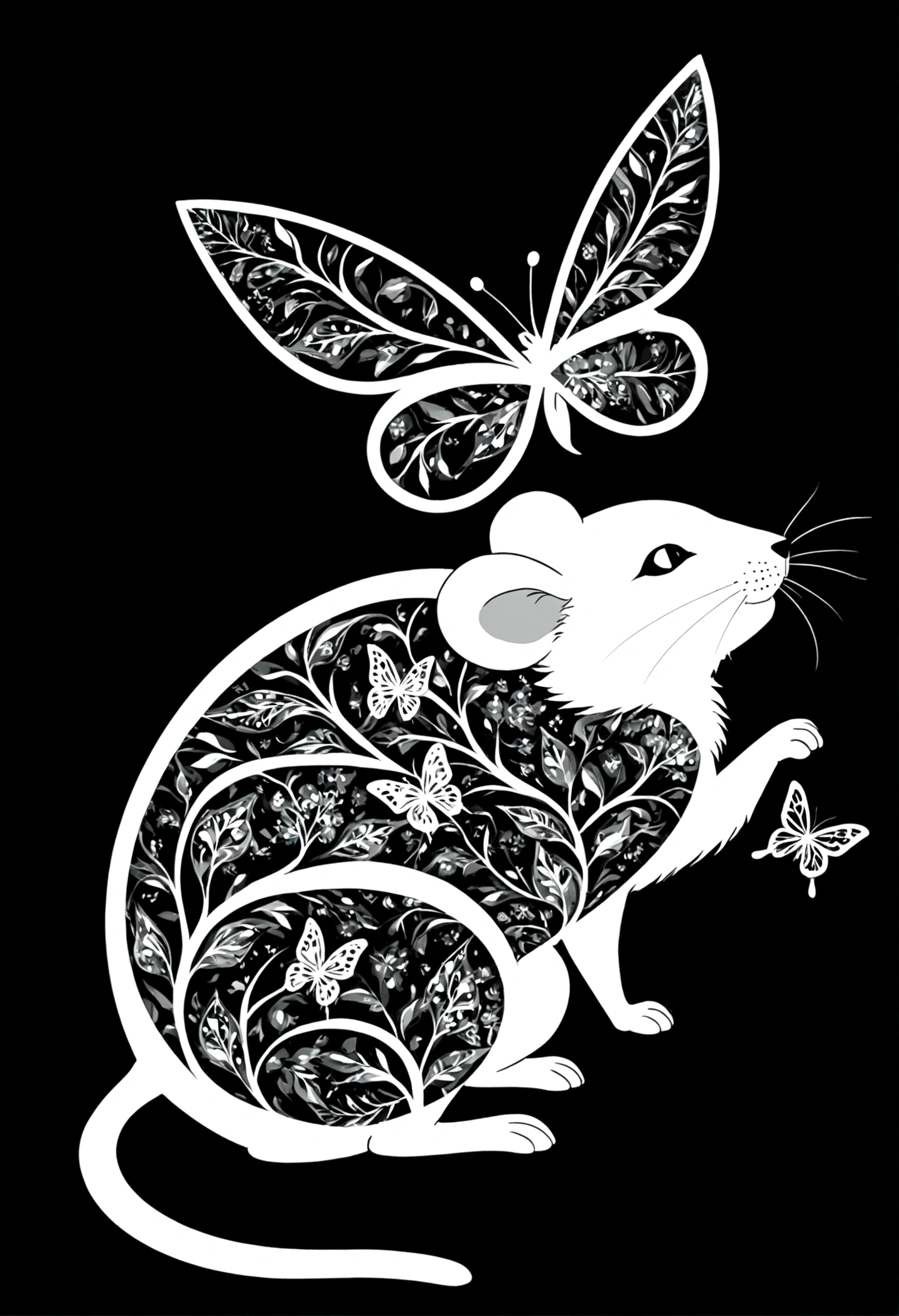 A white silhouette design of a mouse and a butterfly,Black Background,Beautiful silhouette,looking at the camera,Biologically correct