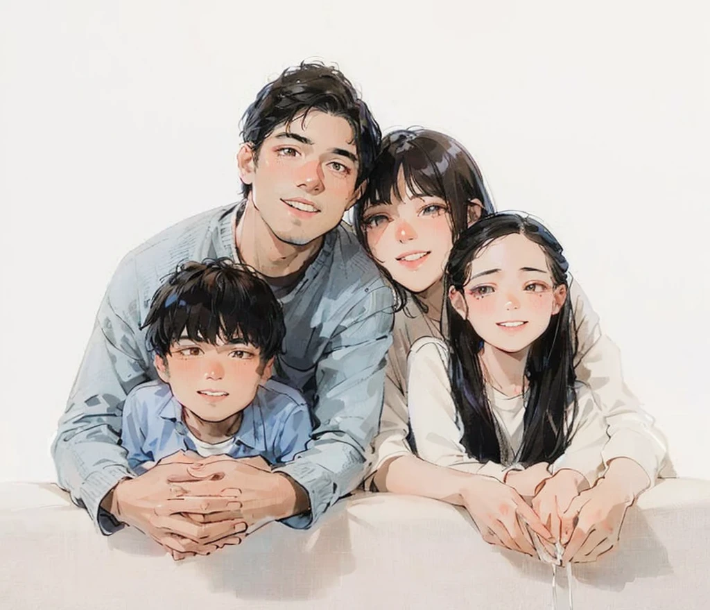 family photoของครอบครัวสี่คน, with husband, black haired husband, wife, wifeผมสีขาว ,  Son and twins high quality pictures, black haired son, white haired son, family photo, High quality portraits