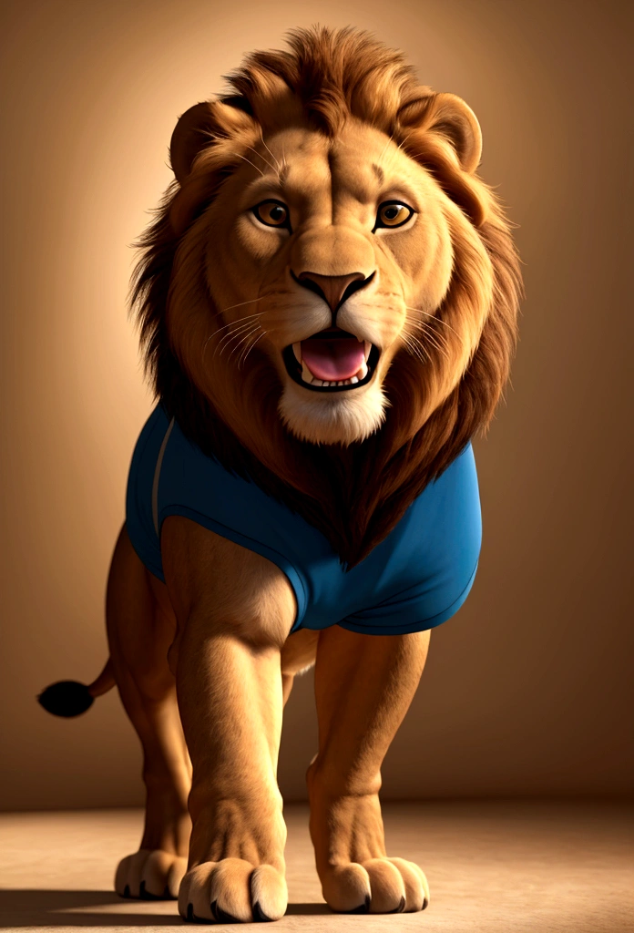 (Best quality,4K,8 k,A high resolution, masterpiece:1.2), Ultra detailed,(realistic, photorealistic, photo-realistic:1.37),a lion, male, long and light mane, Muscular body of an animal, wearing blue sports shorts and a white short sleeve sports T-shirt, smiling, bright colors, full length, with an emotional expression, open mouth, standing straight, with four paws of a lion, lion body covered with fur