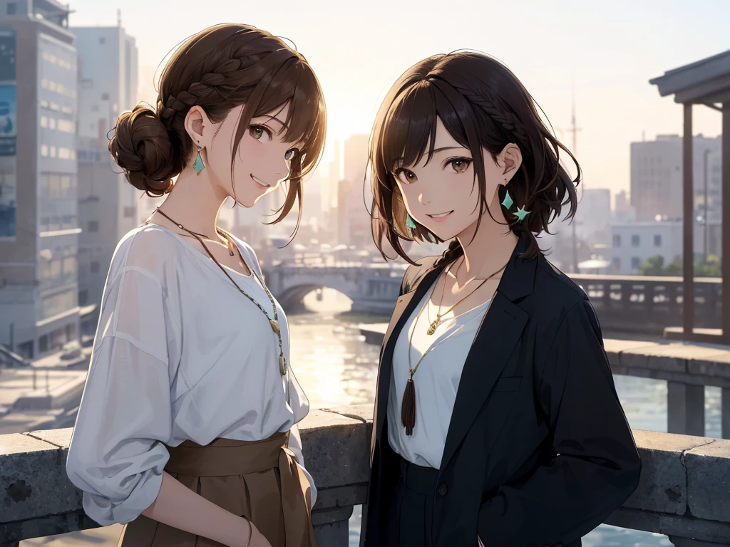 The background is the city、Skyscraper、Night view(Highest quality、masterpiece、High resolution)、(Sargent-style watercolor)、(Anime Art)、、((Right beside、Woman profile、))、(Detailed depiction of a beautiful face)、Suit jacket long sleeve top、、A kind smile、Medium Short Hair、Dark Brown Hair、Braiding、、
information(Highest quality:1.2)、Very detailed、High resolution、masterpiece:1,2、Bright colors、Bokeh、Professional Lighting、Physically Based Rendering、Flat Color:0.8、Fine Illustration、Realistic:1.37、Makoto Shinkai style、Name Style、Light Brown Hair、Elegant update、Short Bob、Laugh together、Dynamic poselip、cheek(Dark Brown Hair/)bangs、cheek(direction)、(最高masterpiece1.2)繊細なイラストVery detailed、Break Blue Sky、Detailed Background、20-year-old female、、A shy smile、Through clenched teeth、Clench your teeth、lip、cheek(Flat Color: 0.8)、(masterpiece: 1,2)、(masterpiece: 1,2)、High resolution、超High resolution、Highest quality、High resolution、Ultra-thin illustration、Makoto Shinkai style、Your Name is Style、long hair、Short Bob、necklace、Earrings、Dynamic pose、Selfie、whole body、Brown Hair、Braiding、Hair Bun、ponytail・Hair Bunスタイル、necklace、Valletta、ribbon、Earrings・アニキュア,。