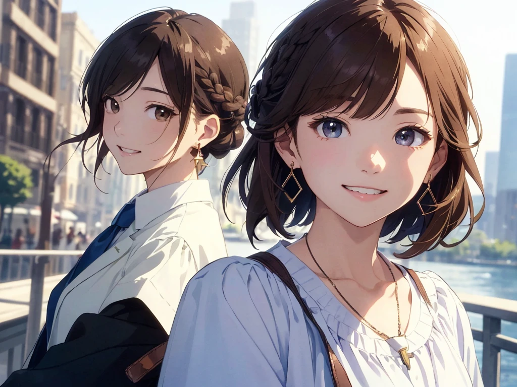 The background is the city、Skyscraper、Night view(Highest quality、masterpiece、High resolution)、(Sargent-style watercolor)、(Anime Art)、、((Right beside、Woman profile、))、(Detailed depiction of a beautiful face)、Suit jacket long sleeve top、、A kind smile、Medium Short Hair、Dark Brown Hair、Braiding、、
information(Highest quality:1.2)、Very detailed、High resolution、masterpiece:1,2、Bright colors、Bokeh、Professional Lighting、Physically Based Rendering、Flat Color:0.8、Fine Illustration、Realistic:1.37、Makoto Shinkai style、Name Style、Light Brown Hair、Elegant update、Short Bob、Laugh together、Dynamic poselip、cheek(Dark Brown Hair/)bangs、cheek(direction)、(最高masterpiece1.2)繊細なイラストVery detailed、Break Blue Sky、Detailed Background、20-year-old female、、A shy smile、Through clenched teeth、Clench your teeth、lip、cheek(Flat Color: 0.8)、(masterpiece: 1,2)、(masterpiece: 1,2)、High resolution、超High resolution、Highest quality、High resolution、Ultra-thin illustration、Makoto Shinkai style、Your Name is Style、long hair、Short Bob、necklace、Earrings、Dynamic pose、Selfie、whole body、Brown Hair、Braiding、Hair Bun、ponytail・Hair Bunスタイル、necklace、Valletta、ribbon、Earrings・アニキュア,。