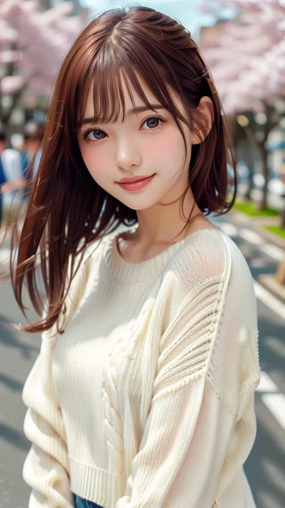 1 Girl,(ivory sweater:1.4),, (RAW Photos, Highest quality), (Realistic, Photorealistic:1.4), Tabletop, Very delicate and beautiful, Very detailed, 8k wallpaper, wonderful, finely, Very detailed CG Unity, High resolution, Soft Light, Beautiful and detailed 19 year old girl, Very detailed目と顔, Beautiful and detailed nose, finely beautiful eyes,Cinema Lighting,Standing on top of a row of cherry blossom trees,Perfect Anatomy,Slender body,smile  (Asymmetrical bangs, Light brown hair,)、Ample breasts、Blonde