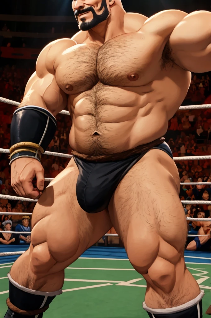nappa, male focus, solo,cowboy shot, 1boy, bald, muscular male, abs ,black vambraces, veins, pectorals, thighs, black eyes, topless male, mustache , tail around waist , , Burly hairy muscular heavyset Latino man, luchador , micro jockstrap , wrestler , shirtless, arm sleeves, hairy chest, hairy belly, full body , black boots , back side ,