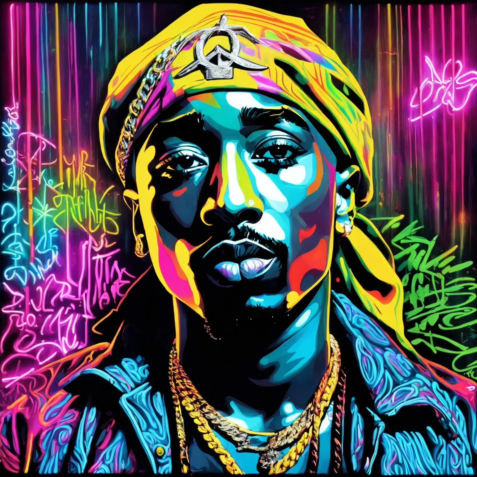 art surrealism Tupac Shakur neon