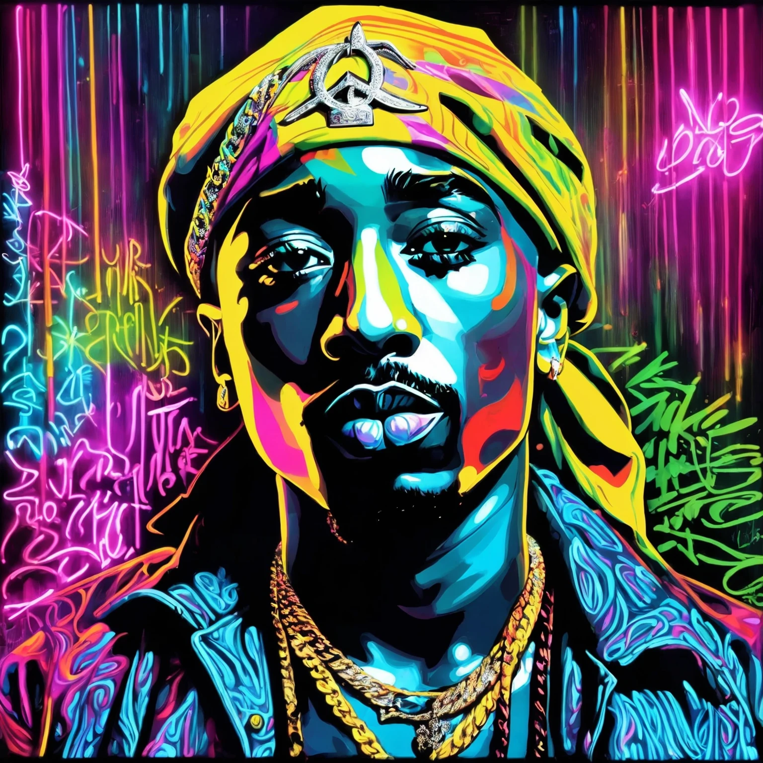 art surrealism Tupac Shakur neon