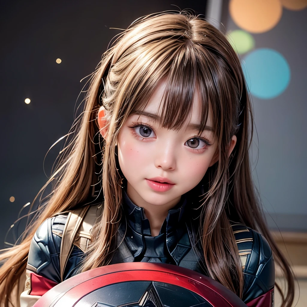 NSFW, 8k, High-level, absurd, masterpiece, best quality, primitive, very detailed CG, very detailed wallpaper, perfect lighting, Extremely detailed (((The personifying " キャプテンアメリカ " as a Little Girl))), MysticSight, Tyndall effect, Tyndall scattering, Studio gray background with (many Dazzling RainbowColor particles BokeH:1.28), (RoundlyButts, ThighGap), (Exposed:0.4), (Assfocus with looking ahead), BREAK (NOGIZAKA face variations) Extremely Detailed very KAWAII face variations, perfect anatomy, Childish, captivating gaze, elaborate detailed Eyes with (sparkling highlights:1.28), long eyelashes、Glossy RED Lips with beautiful details, Coquettish tongue, Rosy cheeks, Radiant PearlSkin with clear transparency . { (Dynamic LifeLike expressions:1.4) | :d) }, (large eyes:-1) .