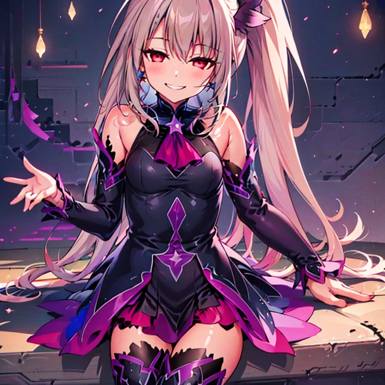 (best quality:1.2), 1 girl, Vibrant colors, Fantasy Lights, Detailed floral background, Smile, Solitary, Ponytail, Star Hairpin, Black feather hairpin, Nail Art