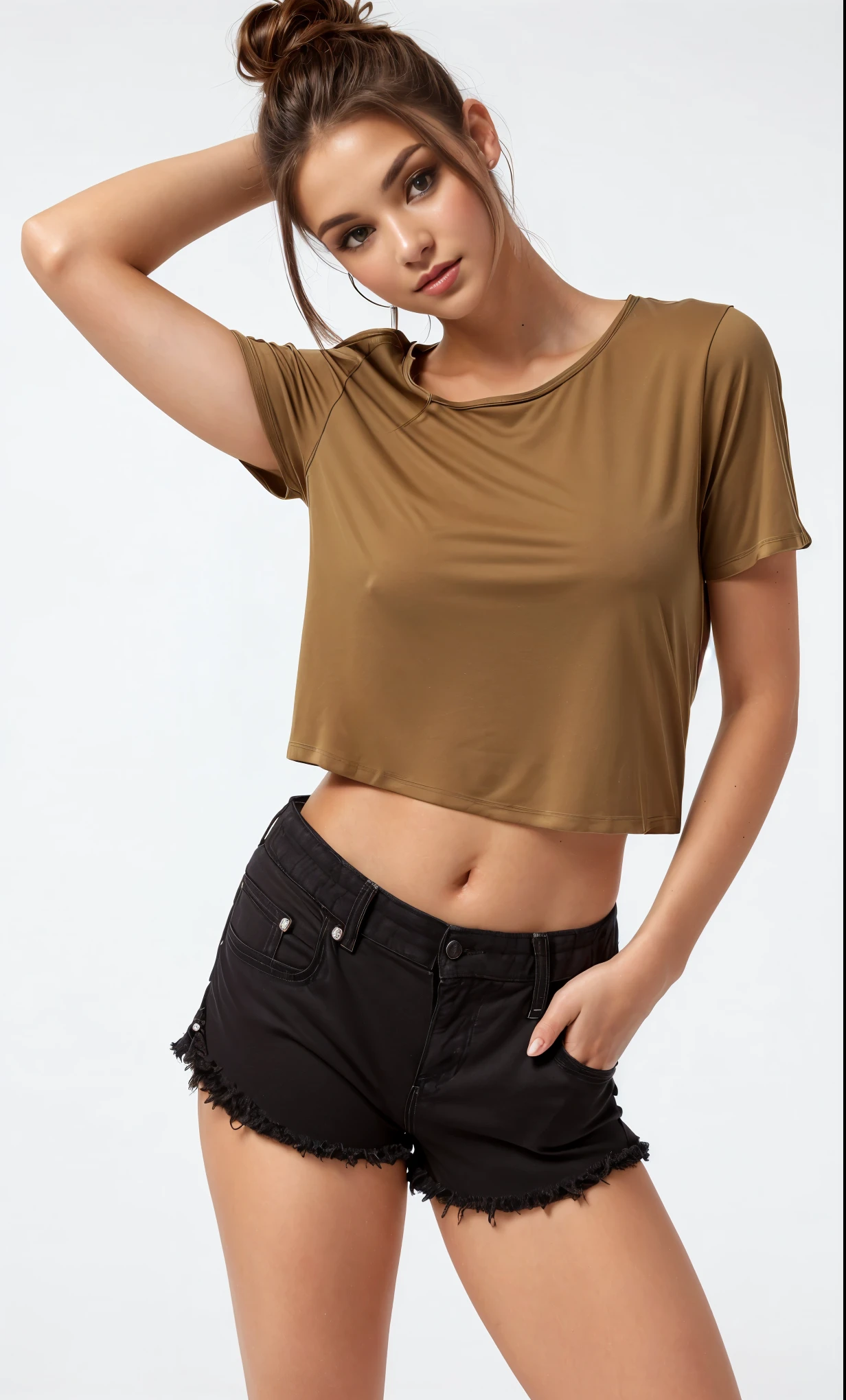 a woman in a cropped top and shorts posing for a photo, with torn t-shirt, brown shirt, skin tanned, t-shirt and shorts, top cut, usando um top cropped y, wearing top cut, top cut, wearing a cropped tops, wearing a cropped top, casual outfit, wearing shorts and t-shirt, wearing a cute top, manga larga cropped