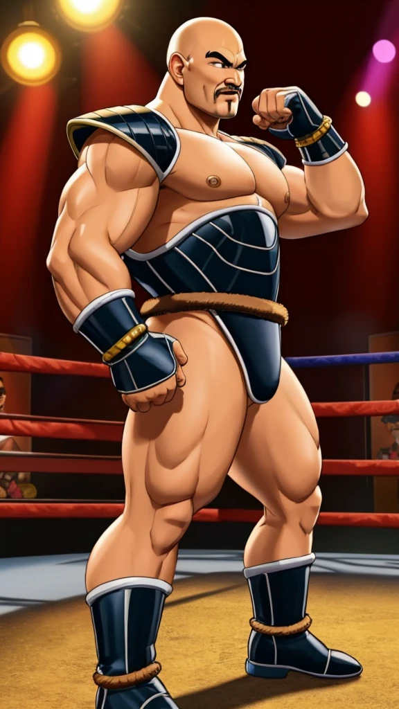 nappa, male focus, solo,cowboy shot, 1boy, bald, muscular male, abs ,black vambraces, veins, pectorals, thighs, black eyes, topless male, mustache, ( micro-armor thongs ) , tail around waist, (best quality, masterpiece) , NSFW , BDSM , full body , boxing gloves , black boots , show his body on strip club stage , surrounded by peoples ,backside