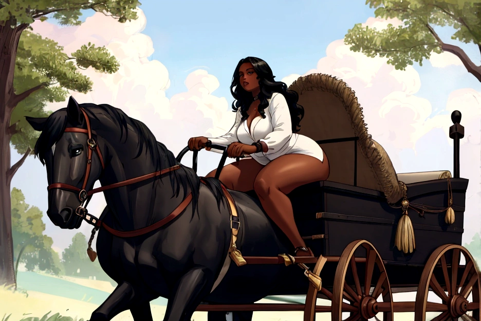 black shire horse pulling cart. full figured woman driving. very dark skinned. nude.