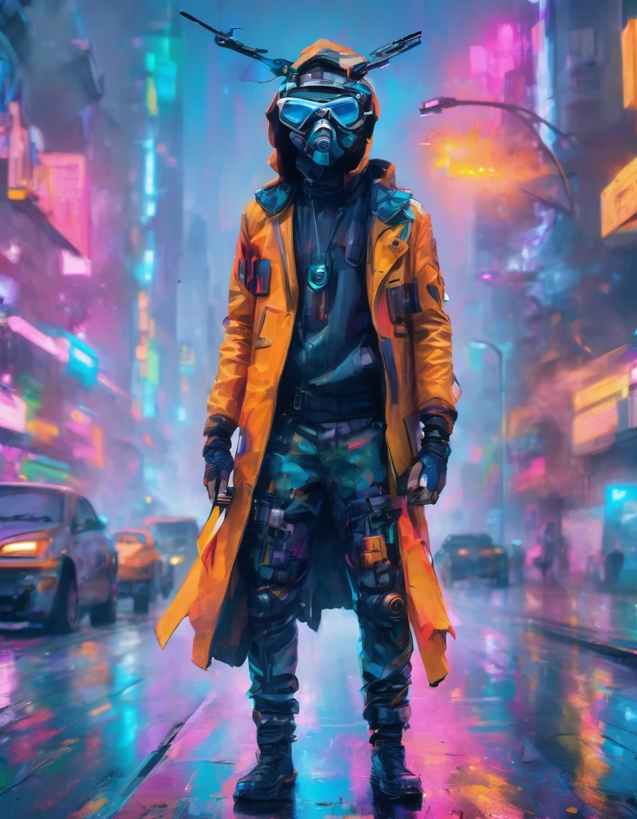 a detailed cypunk badass man ((wearing a drone mask headpiece)), leaning against the wall pose on a futuristic street beside a traffic light , ((holding a smoke)) with a vibrant color , high clarification , refined quality , high definition , super fine detailed ,clear details in 32k resolution