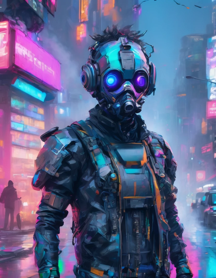 a detailed cypunk badass man ((wearing a drone mask headpiece)), leaning against the wall pose on a futuristic street beside a traffic light , ((holding a smoke)) with a vibrant color , high clarification , refined quality , high definition , super fine detailed ,clear details in 32k resolution