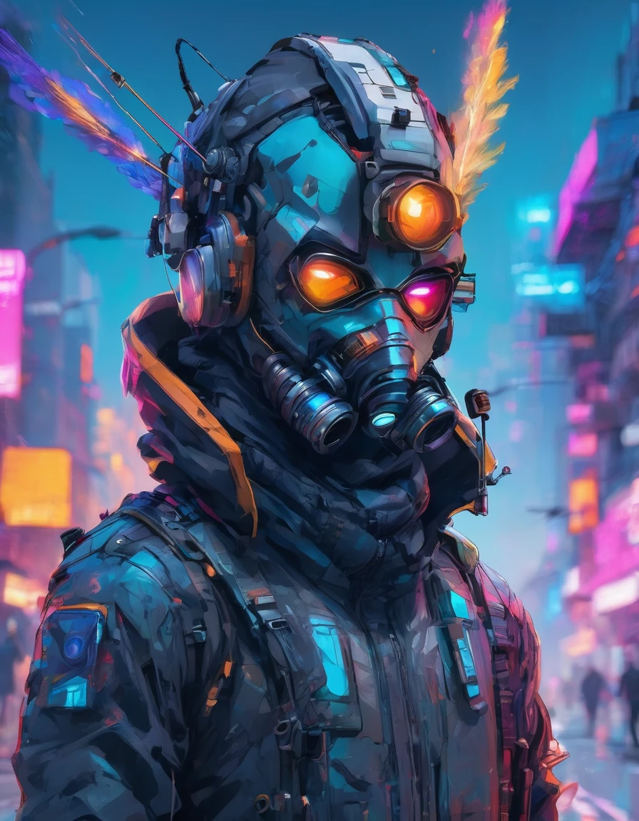 a detailed cypunk badass man ((wearing a drone mask headpiece)), leaning against the wall pose on a futuristic street beside a traffic light , ((holding a smoke)) with a vibrant color , high clarification , refined quality , high definition , super fine detailed ,clear details in 32k resolution
