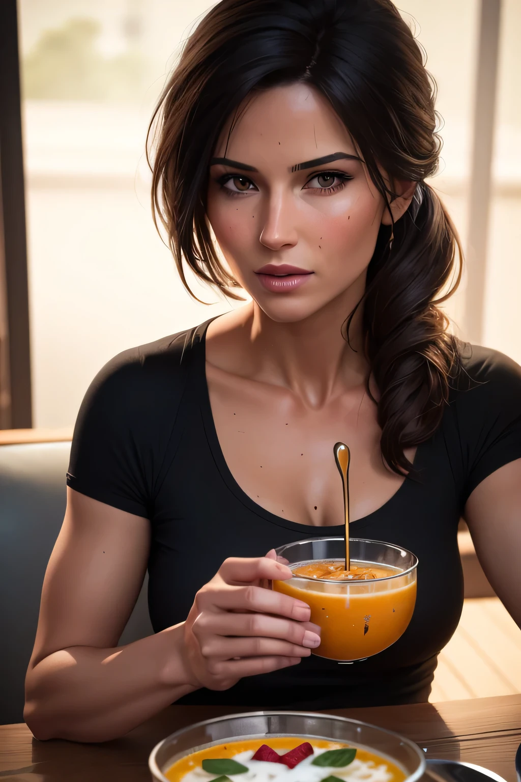 Lara Croft eating a smoothie bowl as breakfast in a cafe, wearing casual clothes, DLSR, black clothes, sharp focus, soft lighting, photorealistic, masterpiece, perfect face, ultra detailed face, beautiful brown eyes, beautiful face, perfect anatomy, 8k, masterpiece, ultra detailed
