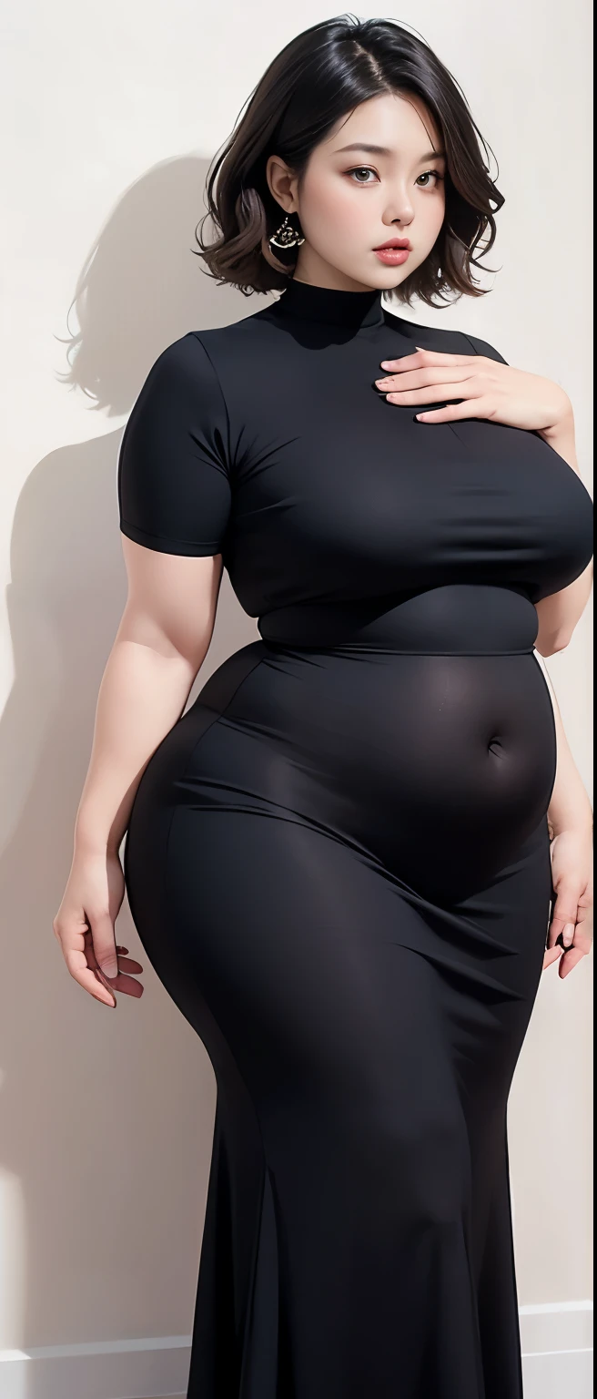 Chubby woman with chubby belly and tight thighs, full body, 50-year-old mature woman, thick hips, thick neck, thick chest, big eyes, wearing a longest dress, wavy medium short hair, Height 170 cm , full body 