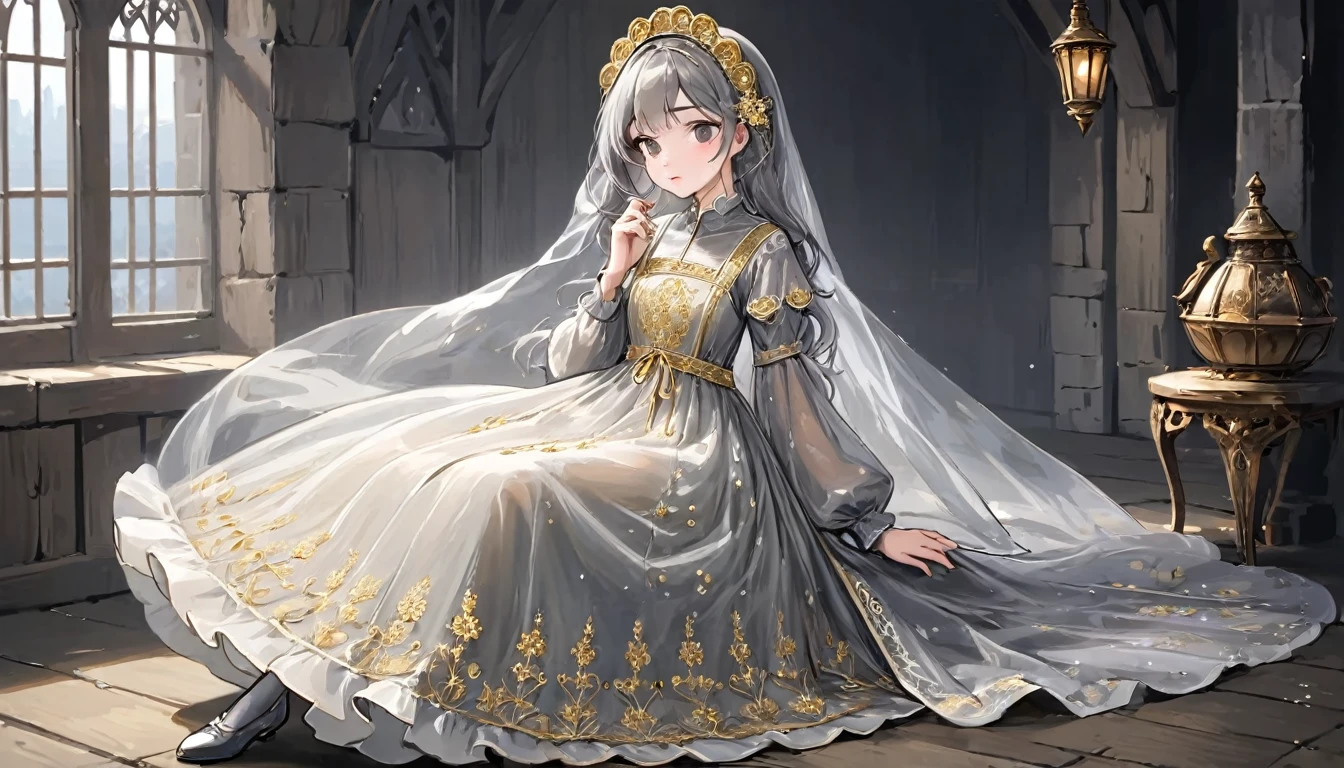 girl, Gold and silver embroidery, White-gray pearl medieval long dress(With panniers), Translucent fabric, Pull up the dress by hand, Strong winds, Translucent slip, Grey translucent tights, Peeking from below, Highest quality, Disorder of clothing, sit
