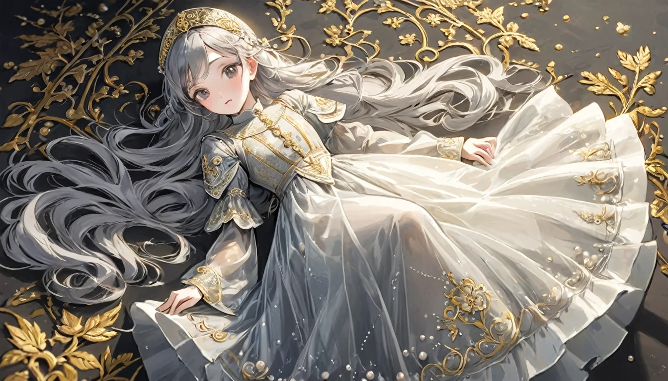 girl, Gold and silver embroidery, White-gray pearl medieval long dress（With panniers）, Translucent fabric, Pull up the dress by hand, Strong winds, Translucent slip, Grey translucent tights, Peeking from below, Highest quality, Disorder of clothing, sit