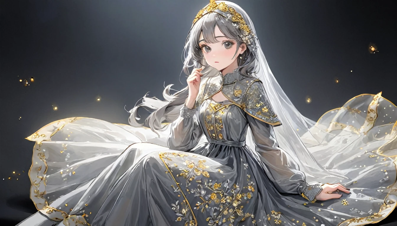 girl, Gold and silver embroidery, White-gray pearl medieval long dress(With panniers), Translucent fabric, Pull up the dress by hand, Strong winds, Translucent slip, Grey translucent tights, Peeking from below, Highest quality, Disorder of clothing, sit