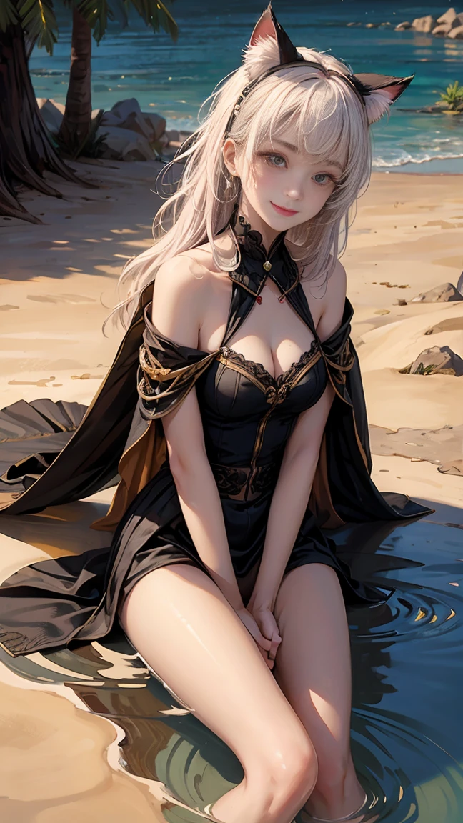 A girl with cat ears and long hair,At midday, strong sunlight blazes down on the desert.
BREAK
At an oasis, a woman is joyfully playing in the water, smiling.
BREAK
She seems to forget the heat, filled with enjoyment.