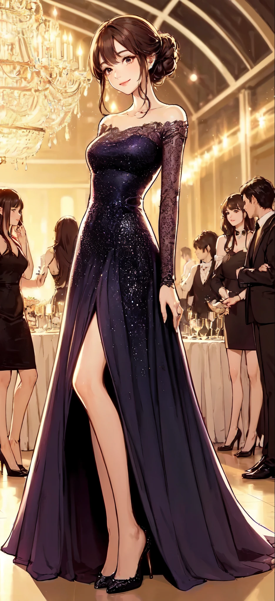 1lady solo, standing, (evening dress) stylish, long hem, (mature female:0.8), /(brown hair/) bangs, kind smile, (masterpiece best quality:1.2) delicate illustration ultra-detailed, large breasts BREAK (luxury  venue) indoors, chandelier, detailed background