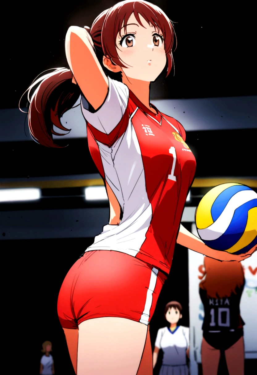 araffe woman in red and white uniform holding a volleyball ball, wearing a volleyball jersey, volleyball, Buckshot, female beach volley player, Wearing a leotard, Nishimiya Shoko, Close-up shot of half body, Service Organizations, Low angle shot from behind, Close-up body shot, chiho ashima