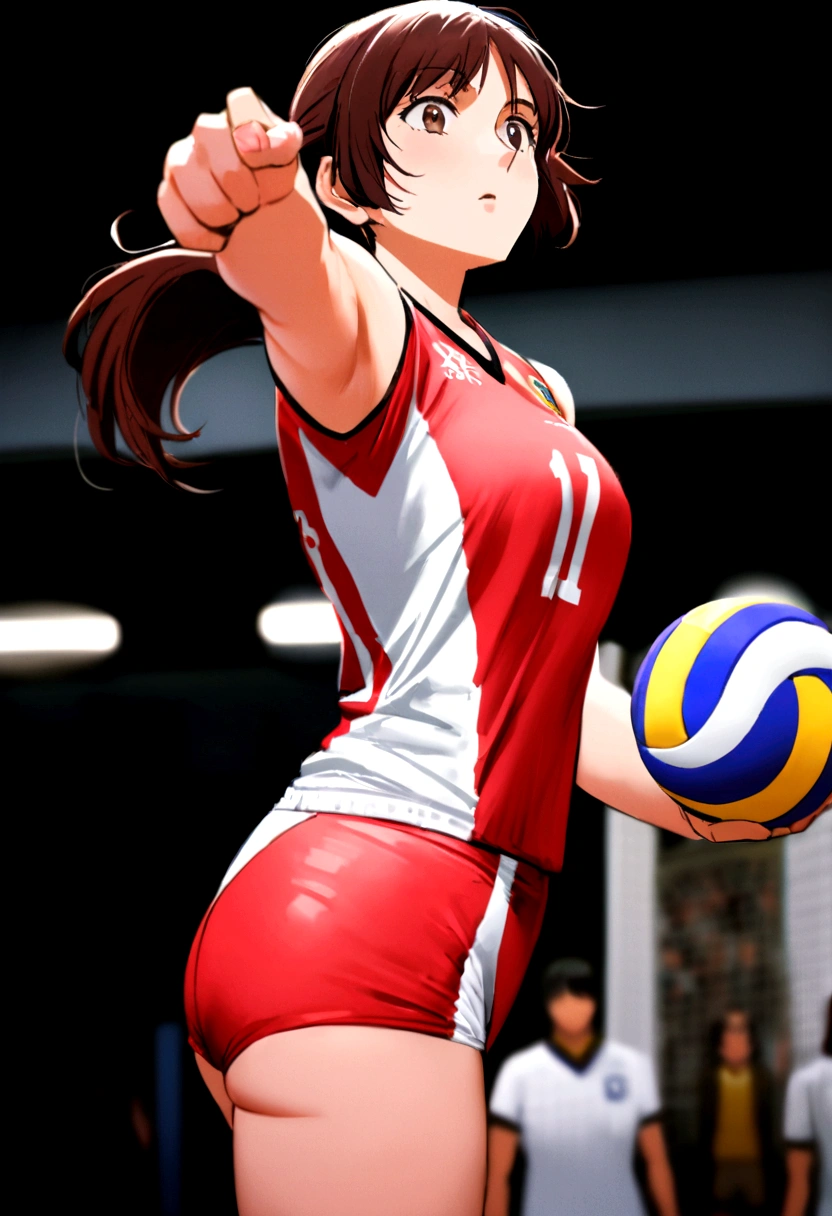 araffe woman in red and white uniform holding a volleyball ball, wearing a volleyball jersey, volleyball, Buckshot, female beach volley player, Wearing a leotard, Nishimiya Shoko, Close-up shot of half body, Service Organizations, Low angle shot from behind, Close-up body shot, chiho ashima