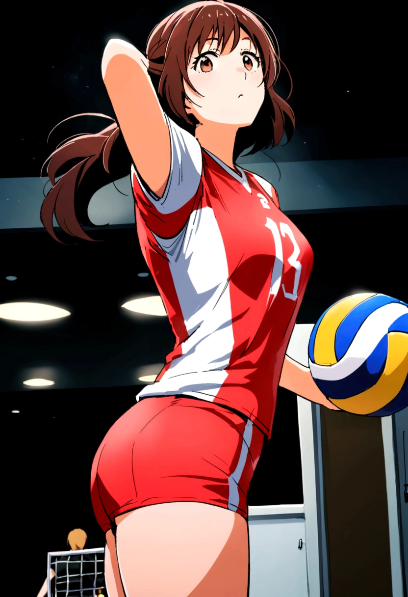 araffe woman in red and white uniform holding a volleyball ball, wearing a volleyball jersey, volleyball, Buckshot, female beach volley player, Wearing a leotard, Nishimiya Shoko, Close-up shot of half body, Service Organizations, Low angle shot from behind, Close-up body shot, chiho ashima