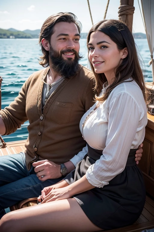 intricate detailed painting of a happy european family on a wooden sailboat, 1 man, 1 woman, 1 toddler, man with black hair and beard, woman dark blonde with chubby body and large breasts, 2 year old blonde boy, natural lighting, photorealistic, vibrant colors, cinematic composition, high resolution, masterpiece