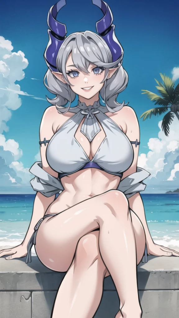 High level image quality best image quality 8K adult woman beach sunset palm trees whole body view portrait gray bikini horn ears short hair((shortcut)(gray hair)(perm)(fluffy)) eye color is blue , attractive evil face , smile , sexy pose , labrynth , barearm , wearing gray shirt , sitting , crossed leg style in detailed , view foot sole , from below