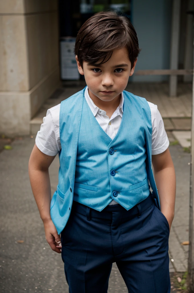  
a boy wearing a light blue vest and dark blue trousers