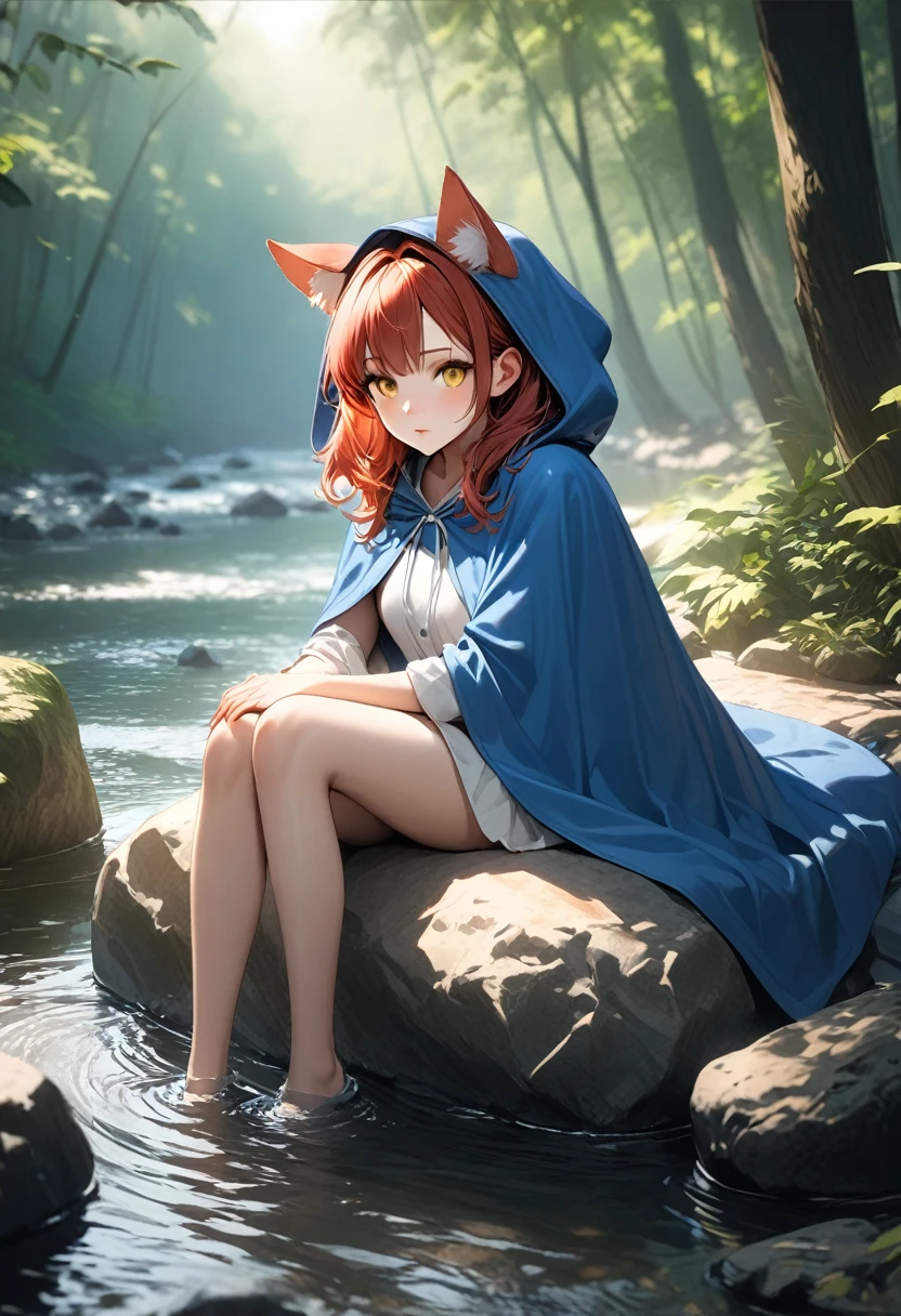 8K, Highest quality, (Realistic:1.4), RAW Photos, One girl, Redhead, Animal ears, Blue hooded cape, Ears sticking out, Pause: Sitting on a rock in a forest river, Yellow Eyes,  -