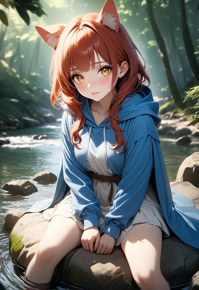 8K, Highest quality, (Realistic:1.4), RAW Photos, One girl, Redhead, Animal ears, Blue hooded cape, Ears sticking out, Pause: Sitting on a rock in a forest river, Yellow Eyes,  -