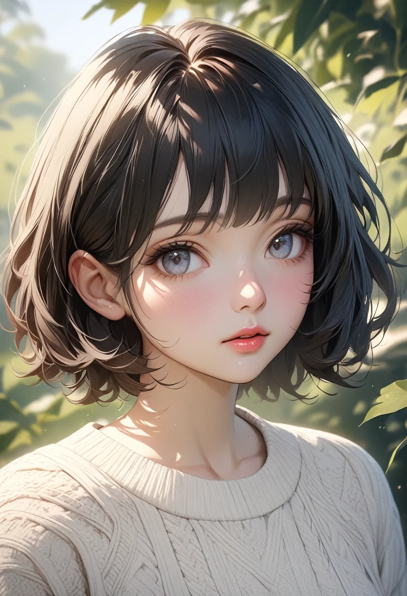 (masterpiece:1.3), (8K, Realistic, RAW Photos, Highest quality: 1.4), (One girl), Beautiful Face, (Realistic Face), (Black Hair, short hair:1.3), Beautiful hairstyle, Realistic eyes, Beautiful attention to detail, (Realistic Skin), Beautiful Skin, (sweater), Absurd, Charm, Ultra-high resolution, Ultra-realistic, Very detailed, Golden Ratio